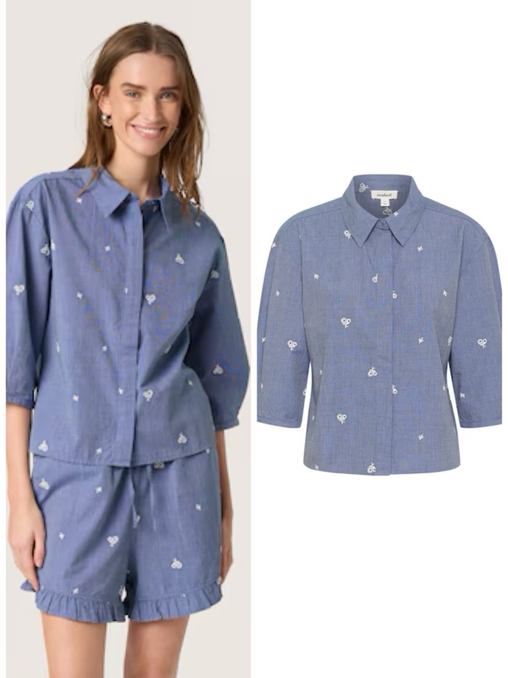 Soaked in Luxury The Elly Blouse in Marine Blue White Floral Embroidery M EUC